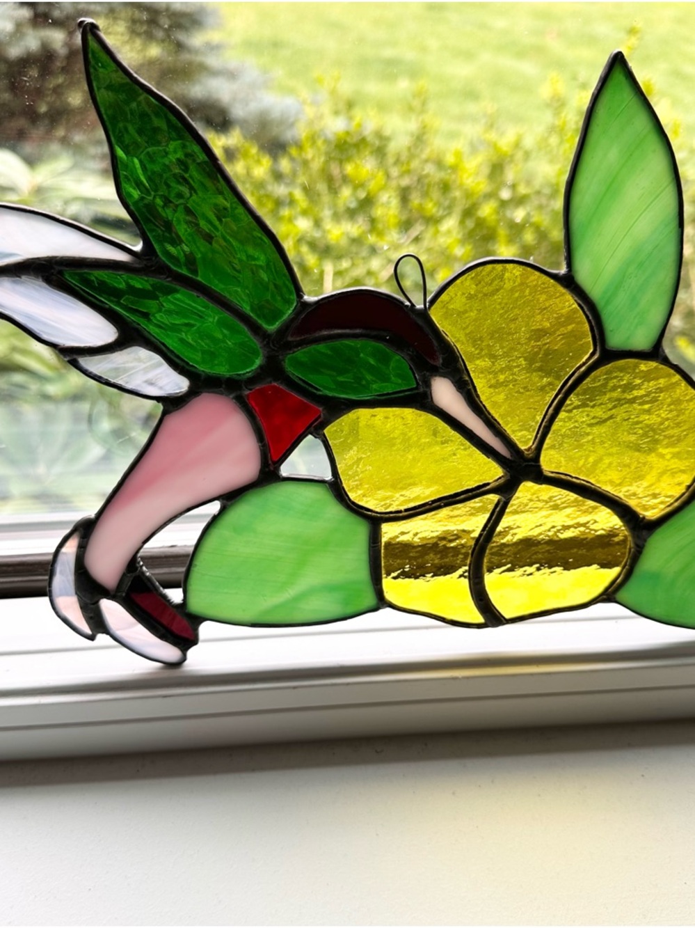 Stained Glass Hummingbird Yellow Flower Green Leave Decorative Window Art 12 x 8